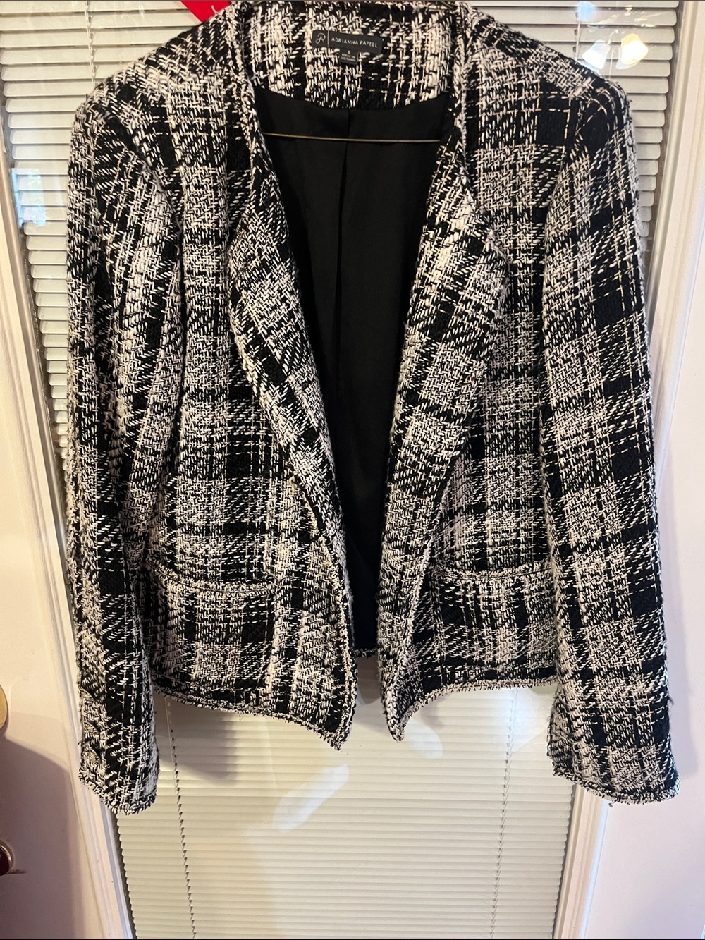 Adrianna Papell Black and White Tweed Open Blazer